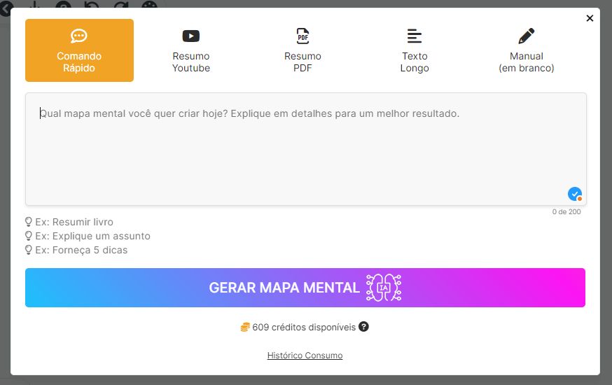 Interface do MapaMental.app gerando um mapa mental sobre Marketing de Conteúdo automaticamente com Inteligência Artificial.